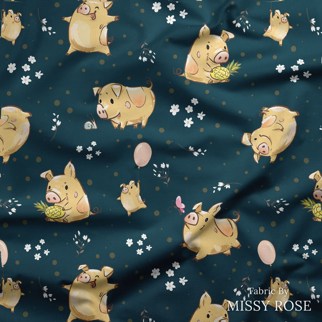 Design 70 Navy Pigs Fabric draped fabric mockup – custom printed fabric by the metre | Fabric by Missy Rose