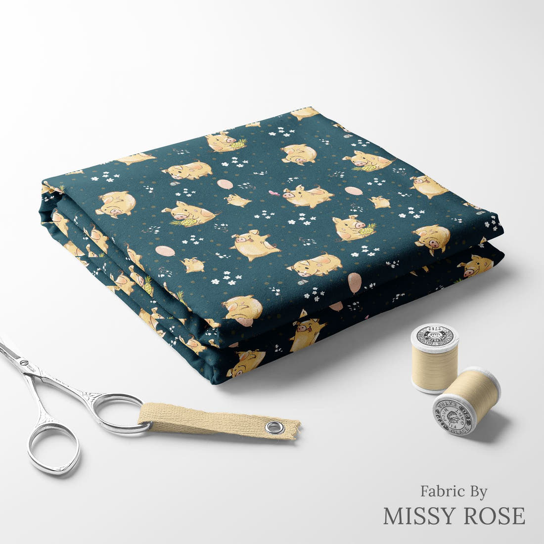 Design 70 Navy Pigs Fabric folded fabric stack with matching thread – pre-order fabric Australia | Fabric by Missy Rose