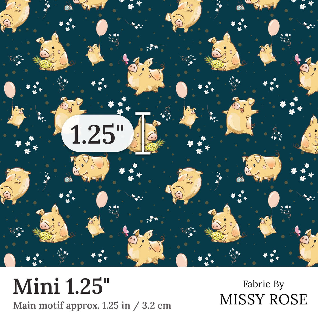 Design 70 Navy Pigs Fabric Mini 1.25 inch print scale guide | Fabric by Missy Rose