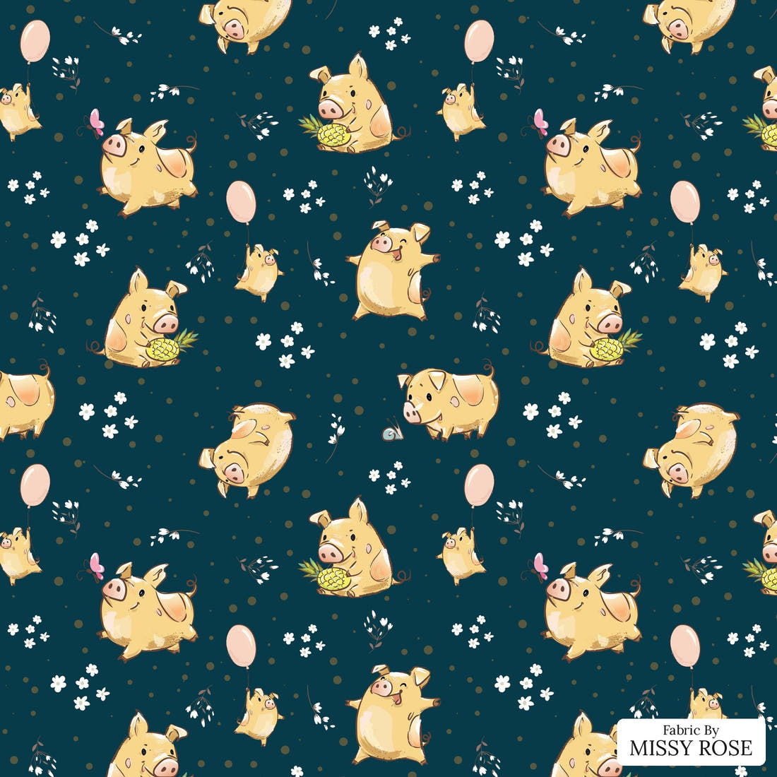 Design 70 Navy Pigs Fabric - flat view of the print, zoom in for detail | Fabric by Missy Rose