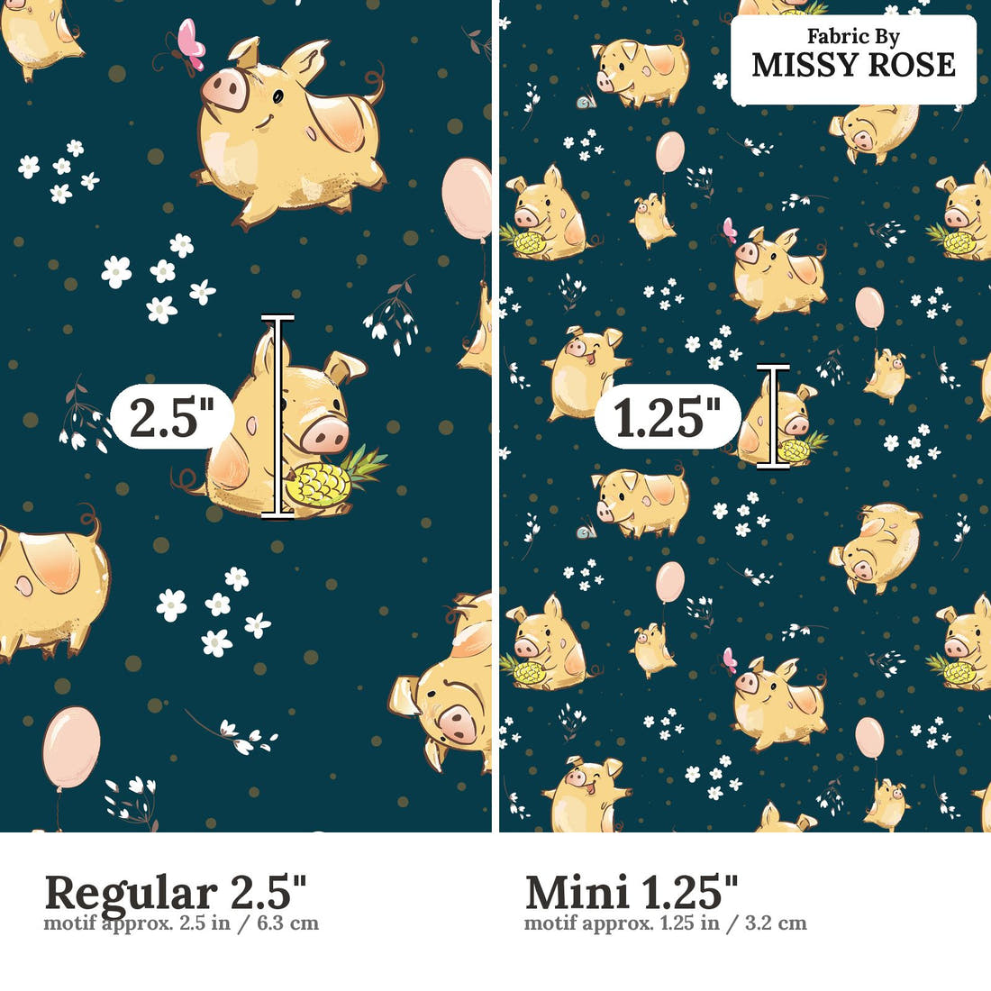 Design 70 Navy Pigs Fabric size comparison - print scale | Fabric by Missy Rose