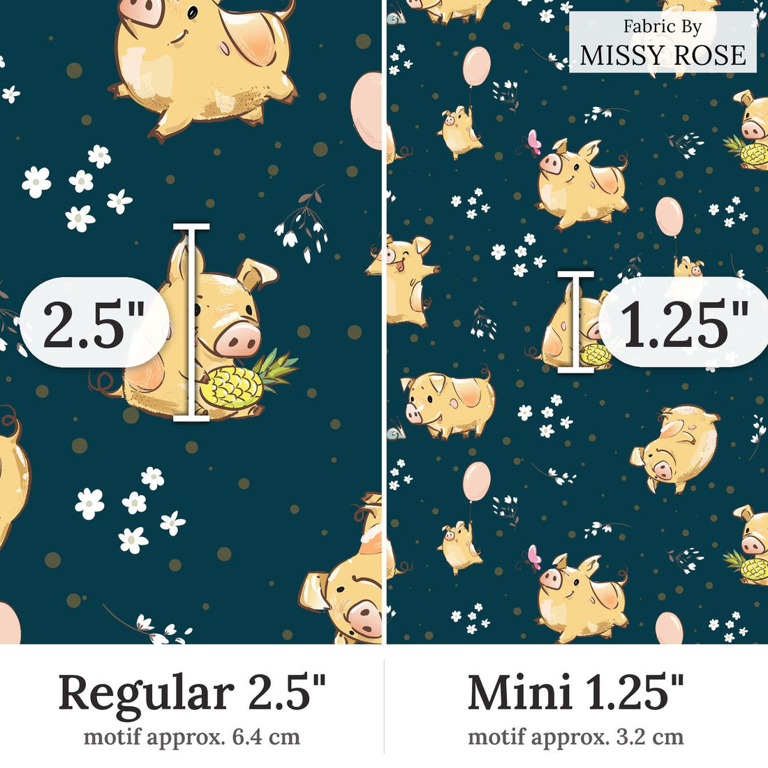 Design 70 Navy Pigs Fabric Regular 2.5 inch vs Mini 1.25 inch print scale side by side | Fabric by Missy Rose