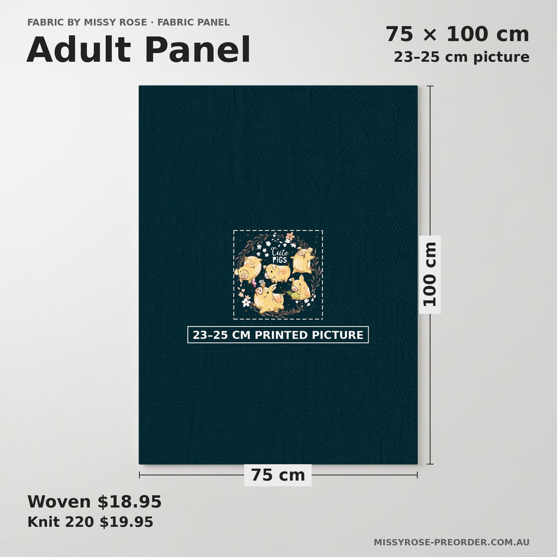 Design 70 Navy Pigs Panel adult panel sizing – 23–25 cm printed picture on 75 × 100 cm fabric | Fabric by Missy Rose