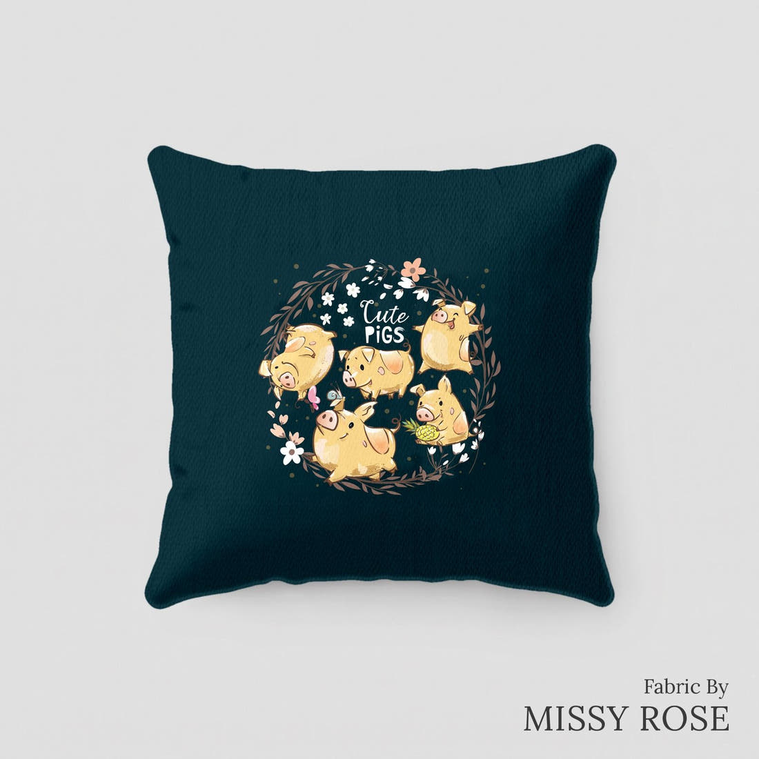 Design 70 Navy Pigs Panel sewn into a cushion – see how the panel looks made up | Fabric by Missy Rose