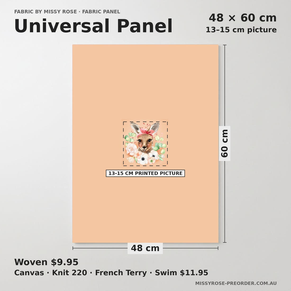 Design 700 Kangaroo Panel universal panel sizing – 13–15 cm printed picture on 48 × 60 cm fabric | Fabric by Missy Rose