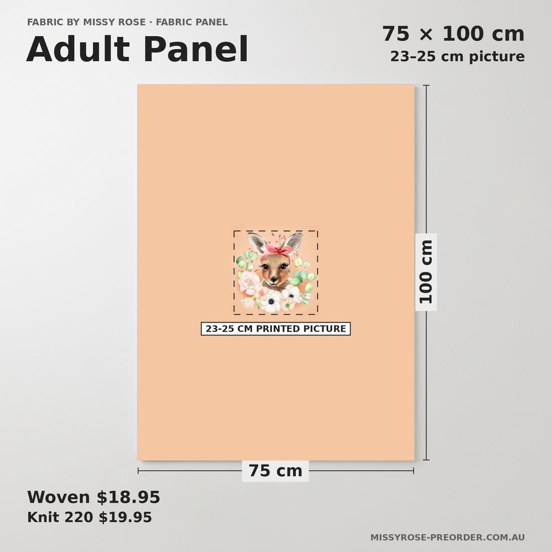 Design 700 Kangaroo Panel adult panel sizing – 23–25 cm printed picture on 75 × 100 cm fabric | Fabric by Missy Rose