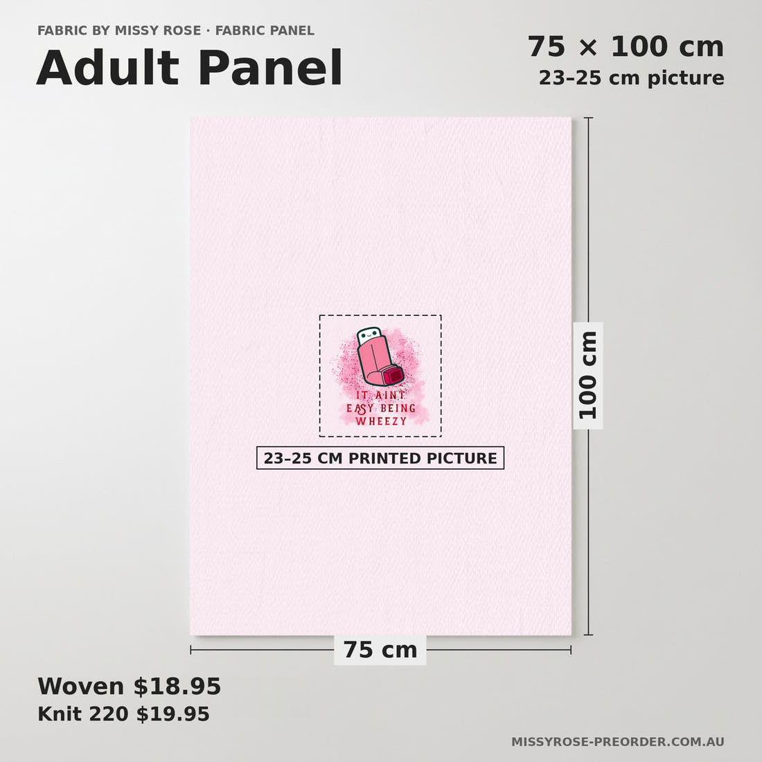 Design 71 Pink Puffer Panel adult panel sizing – 23–25 cm printed picture on 75 × 100 cm fabric | Fabric by Missy Rose