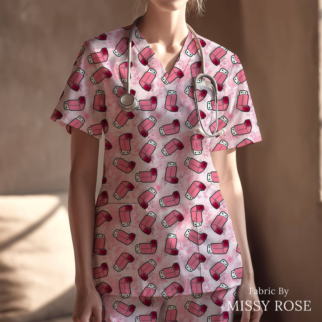 Design 71 Pink Puffer Fabric sewn into a scrubs top – see how the print looks made up | Fabric by Missy Rose