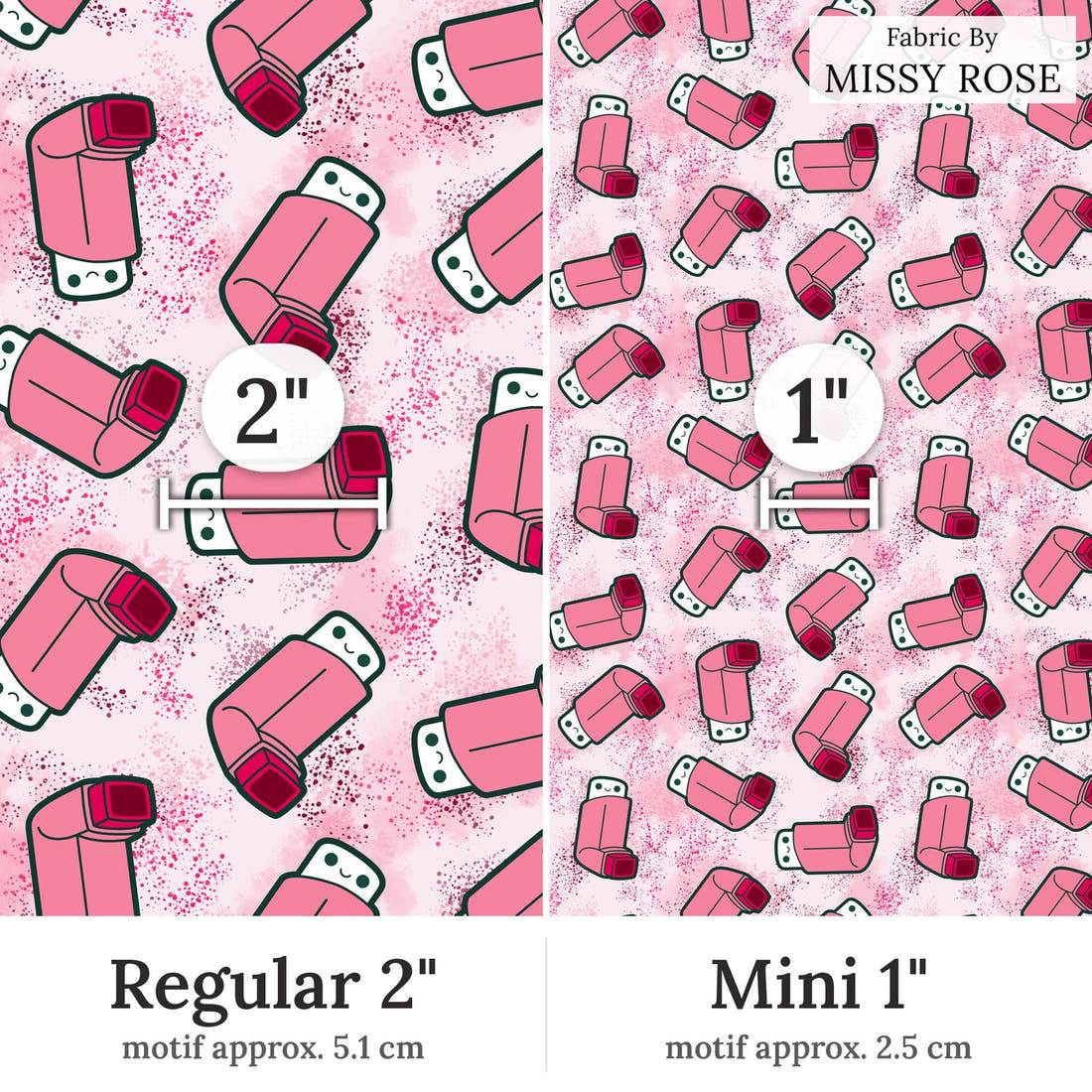 Design 71 Pink Puffer Fabric Regular 2 inch vs Mini 1 inch print scale side by side | Fabric by Missy Rose