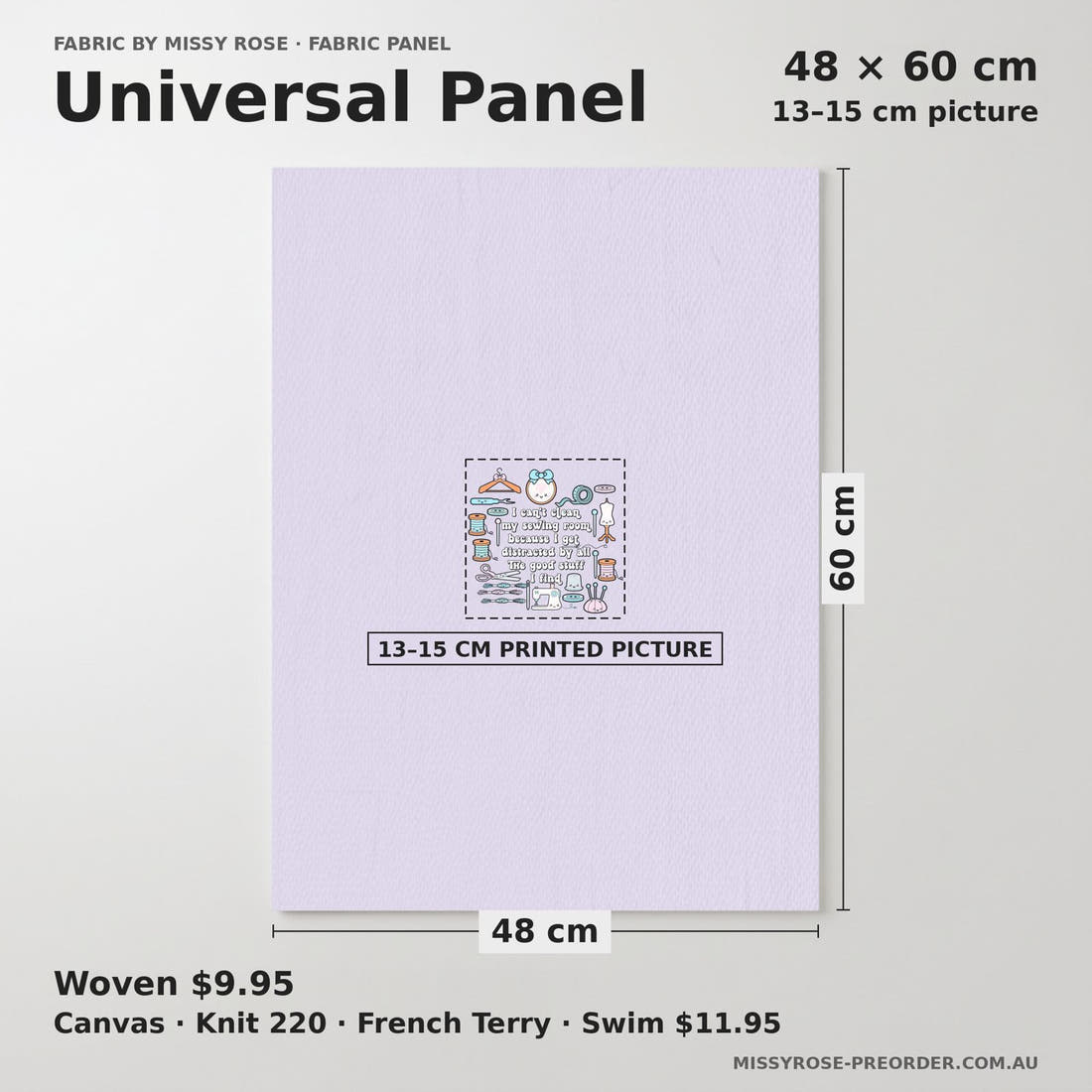 Design 72 Sewing Panel universal panel sizing – 13–15 cm printed picture on 48 × 60 cm fabric | Fabric by Missy Rose
