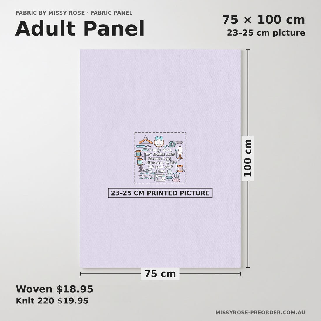 Design 72 Sewing Panel adult panel sizing – 23–25 cm printed picture on 75 × 100 cm fabric | Fabric by Missy Rose