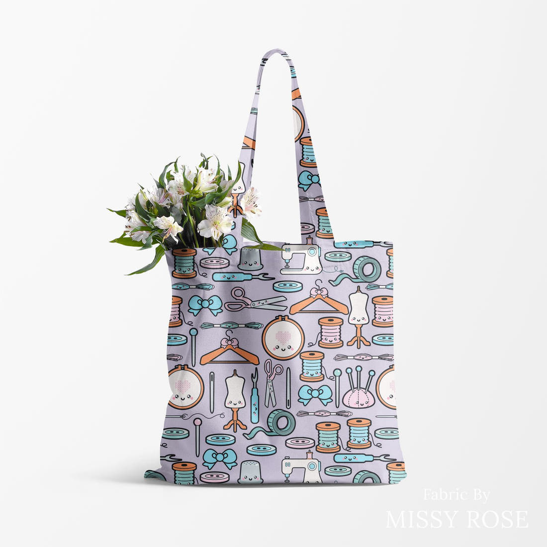 Design 72 Sewing Fabric made up as a tote bag – see how the print looks made up | Fabric by Missy Rose