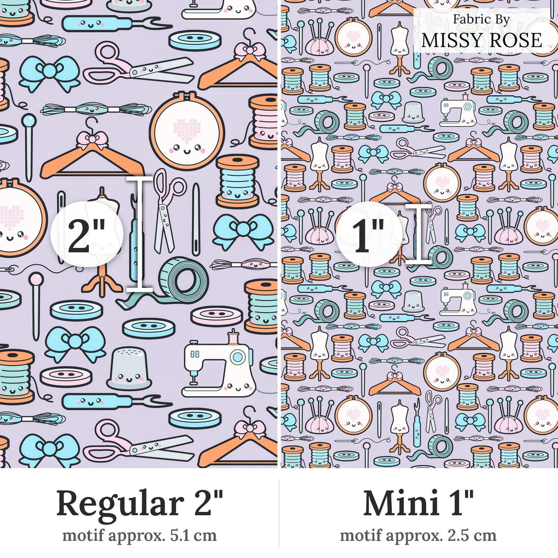 Design 72 Sewing Fabric Regular 2 inch vs Mini 1 inch print scale side by side | Fabric by Missy Rose