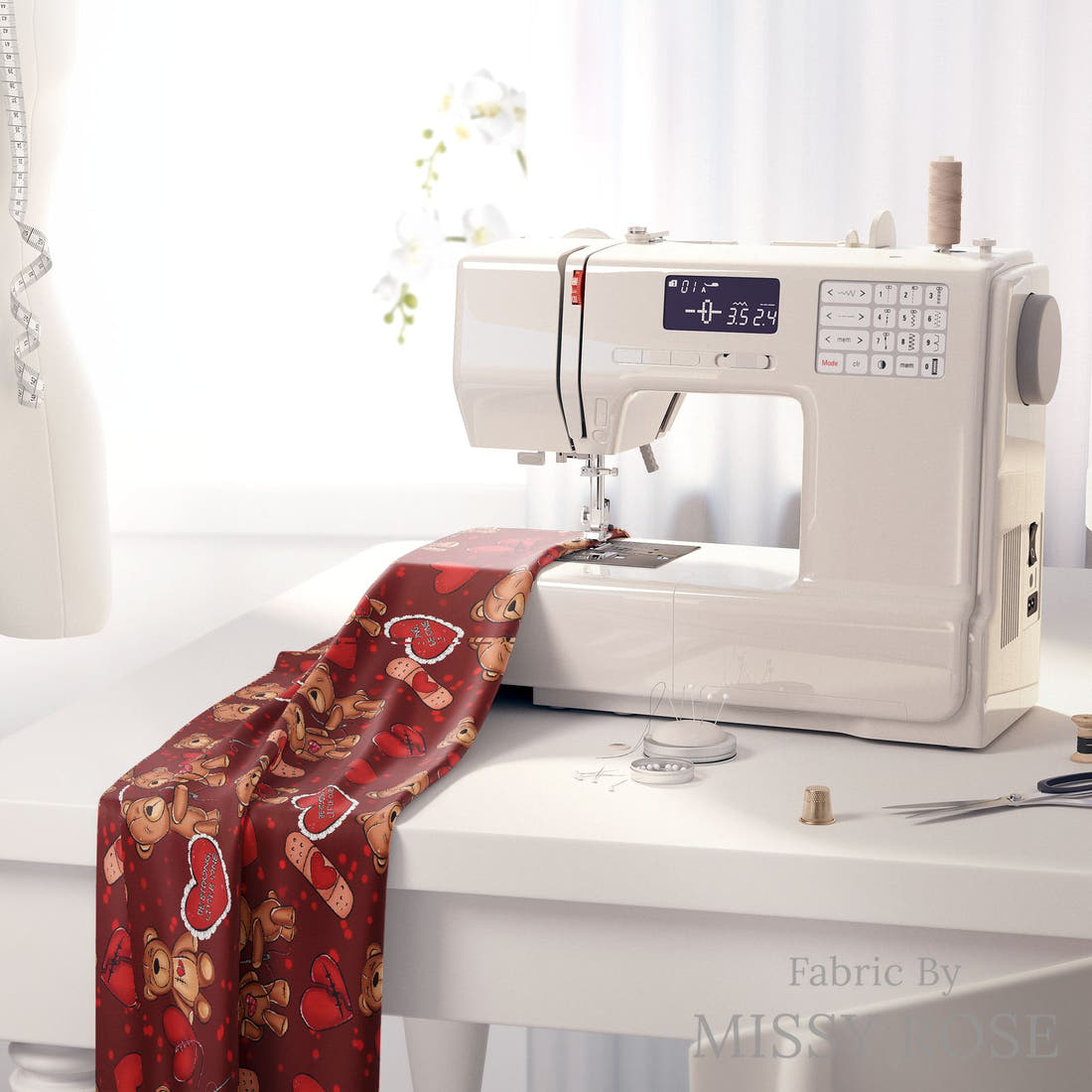 Design 73 Heart Warrior Fabric on a sewing machine – premium fabric for sewing projects | Fabric by Missy Rose