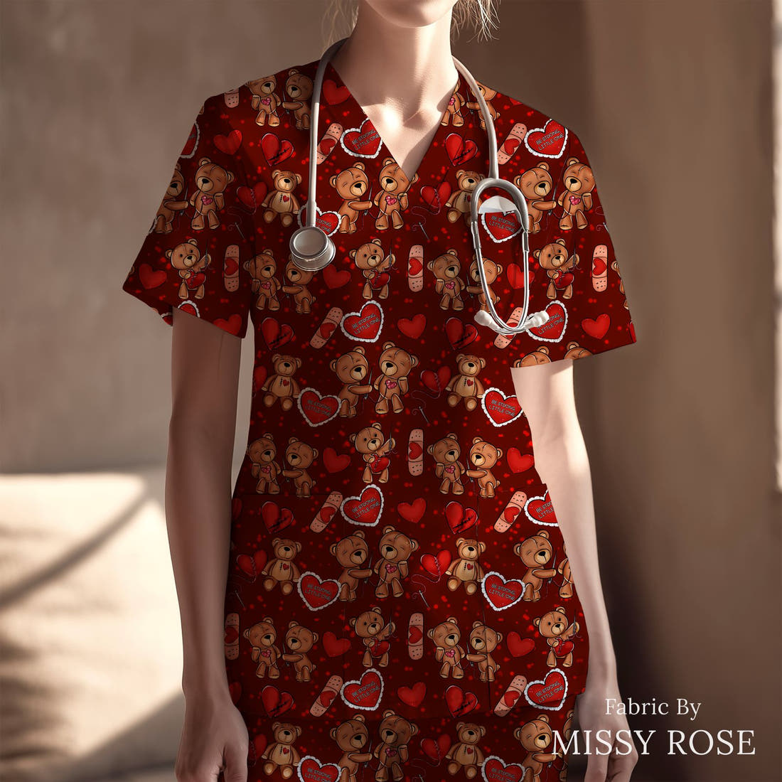 Design 73 Heart Warrior Fabric sewn into a scrubs top – see how the print looks made up | Fabric by Missy Rose