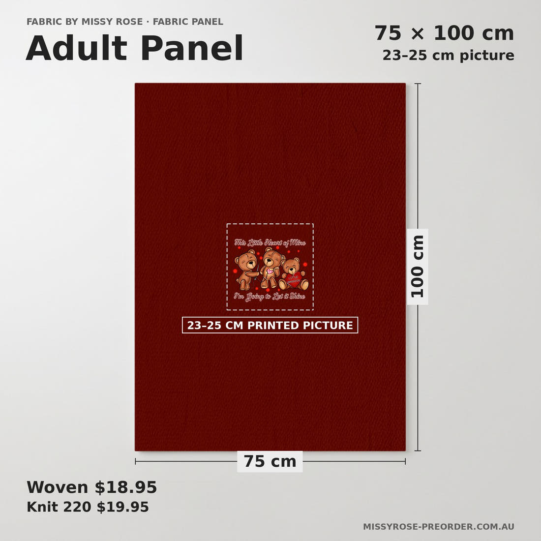 Design 73 Heart Warrior Panel adult panel sizing – 23–25 cm printed picture on 75 × 100 cm fabric | Fabric by Missy Rose