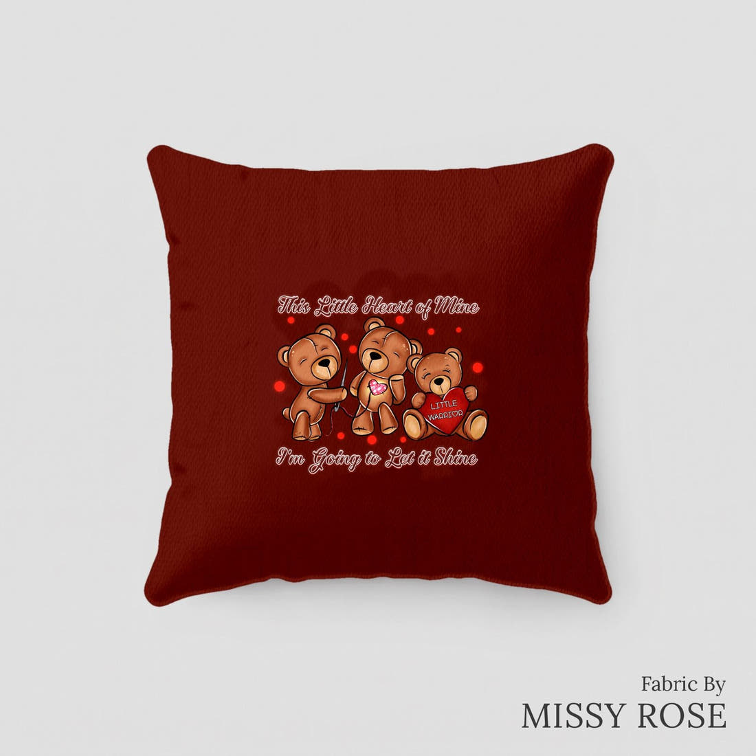 Design 73 Heart Warrior Panel sewn into a cushion – see how the panel looks made up | Fabric by Missy Rose