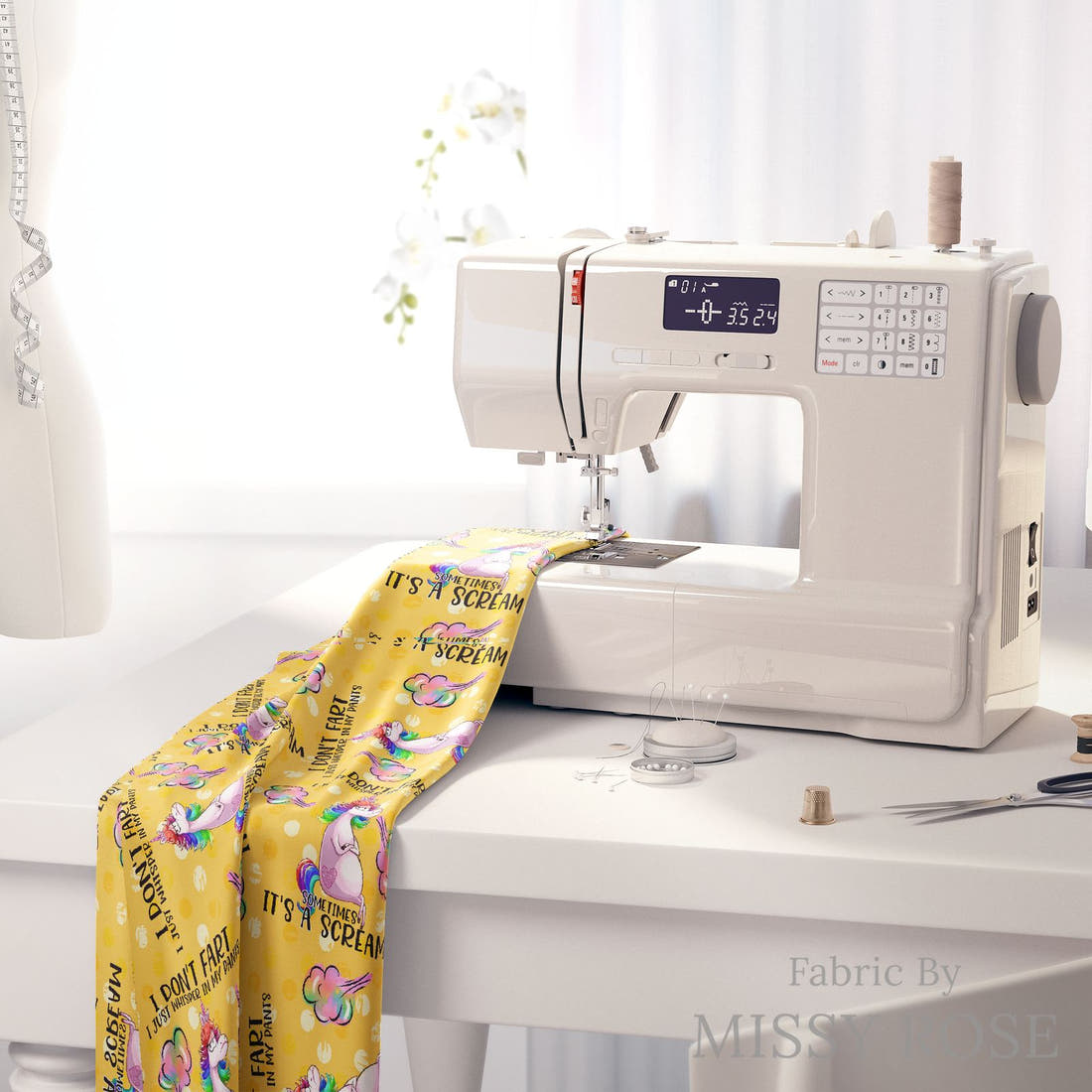 Design 74 Fart Fabric on a sewing machine – premium fabric for sewing projects | Fabric by Missy Rose