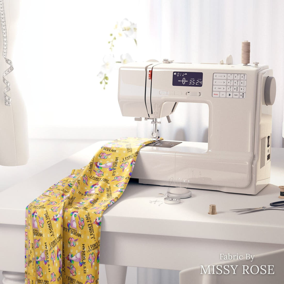 Design 74 Fart Fabric on a sewing machine – premium fabric for sewing projects | Fabric by Missy Rose