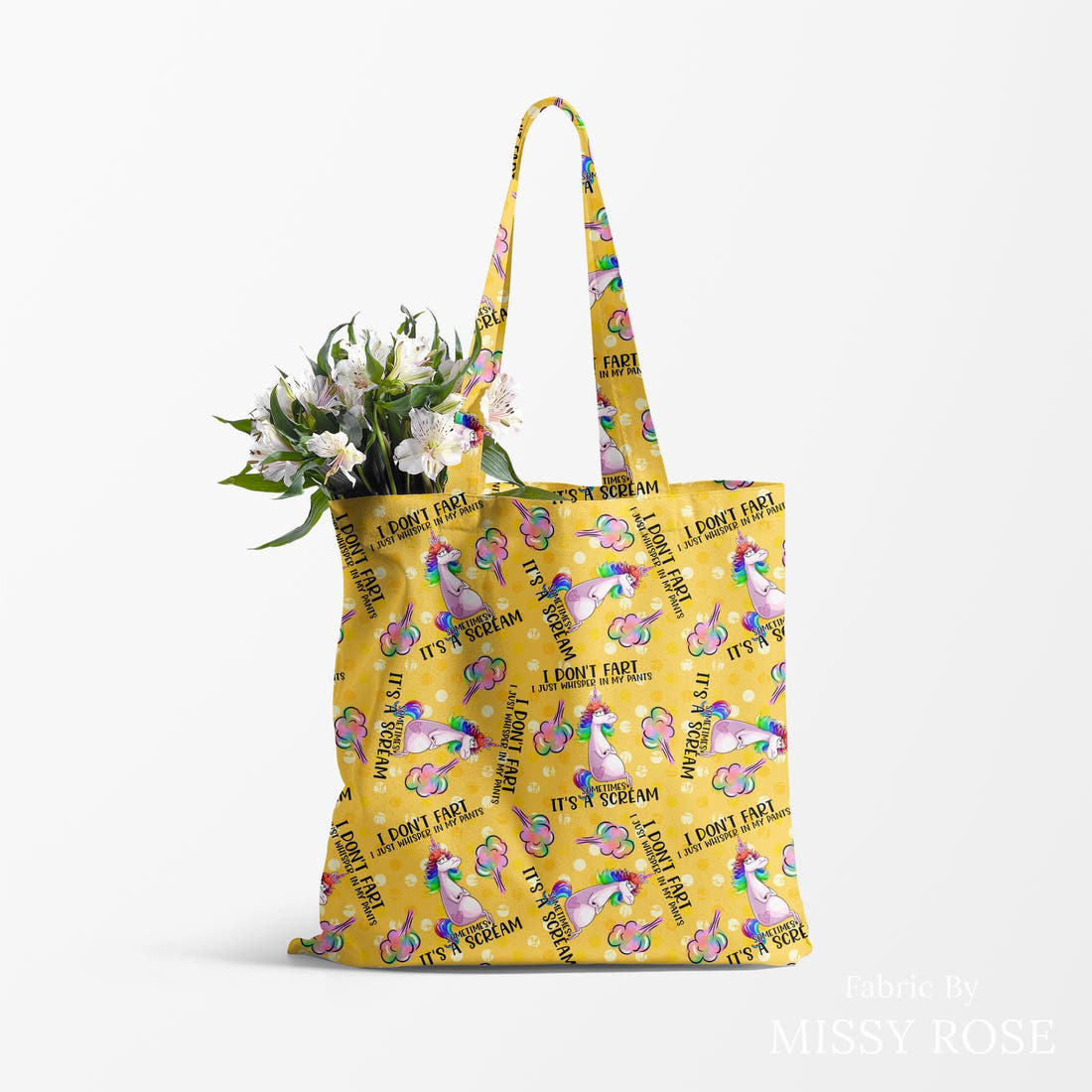 Design 74 Fart Fabric made up as a tote bag – see how the print looks made up | Fabric by Missy Rose