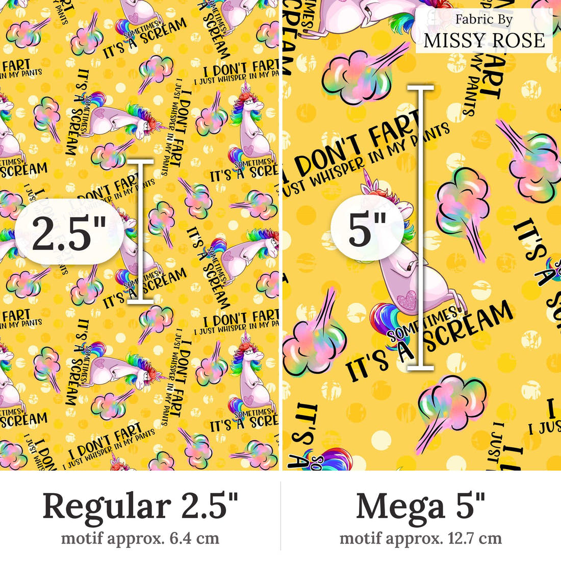 Design 74 Fart Fabric Regular 2.5 inch vs Mega 5 inch print scale side by side | Fabric by Missy Rose