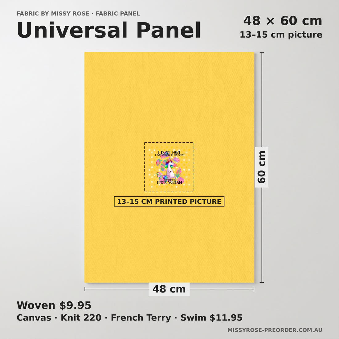 Design 74 Fart Panel universal panel sizing – 13–15 cm printed picture on 48 × 60 cm fabric | Fabric by Missy Rose