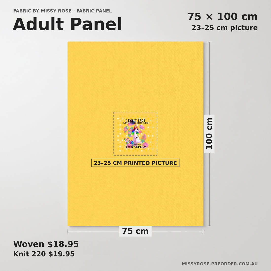 Design 74 Fart Panel adult panel sizing – 23–25 cm printed picture on 75 × 100 cm fabric | Fabric by Missy Rose