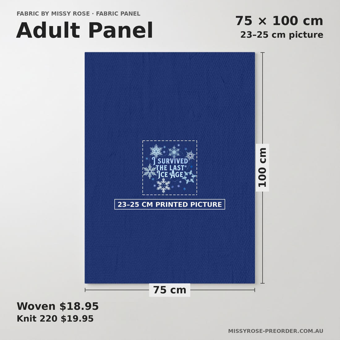 Design 75 Snowflake Panel adult panel sizing – 23–25 cm printed picture on 75 × 100 cm fabric | Fabric by Missy Rose
