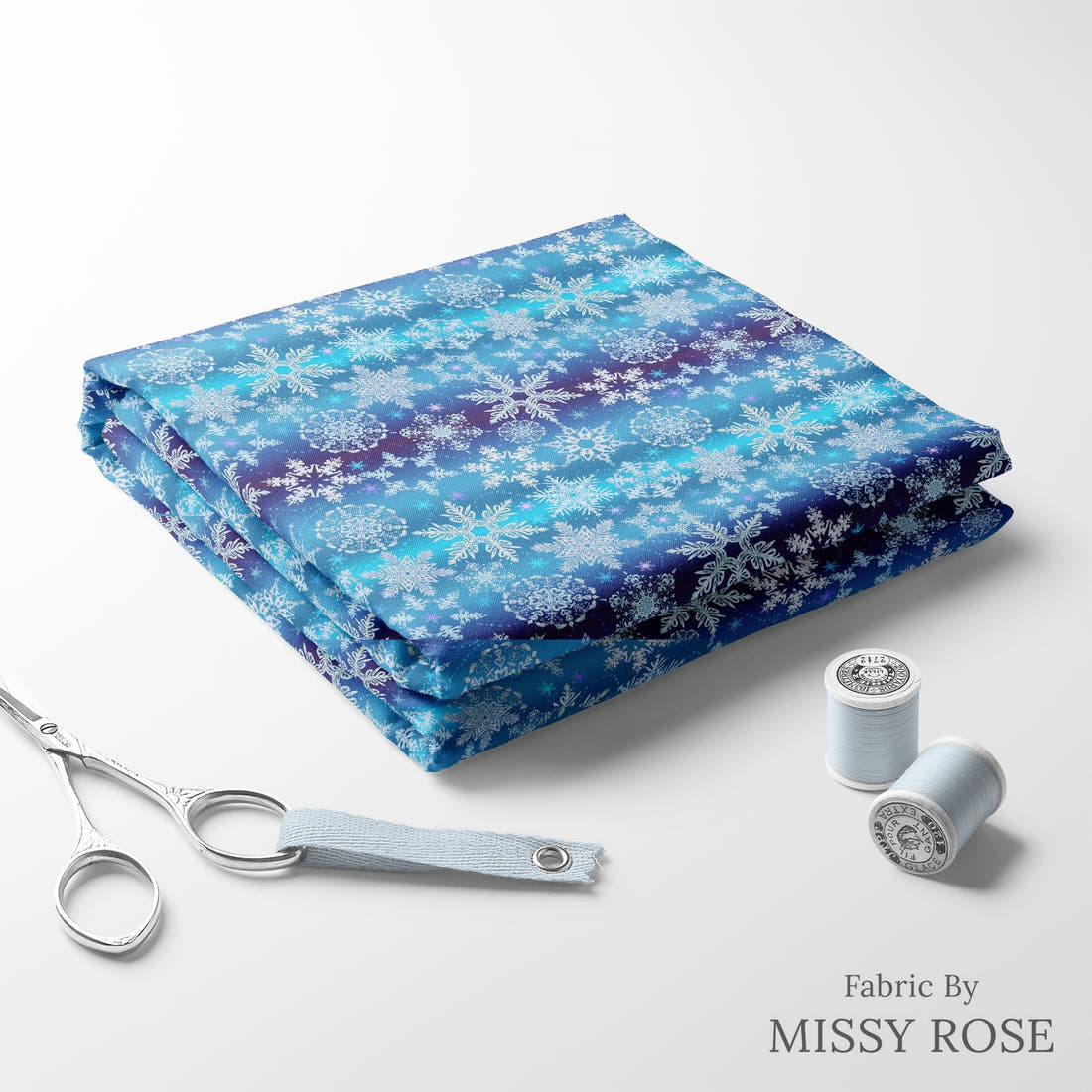 Design 75 Snowflake Fabric folded fabric stack with matching thread – pre-order fabric Australia | Fabric by Missy Rose