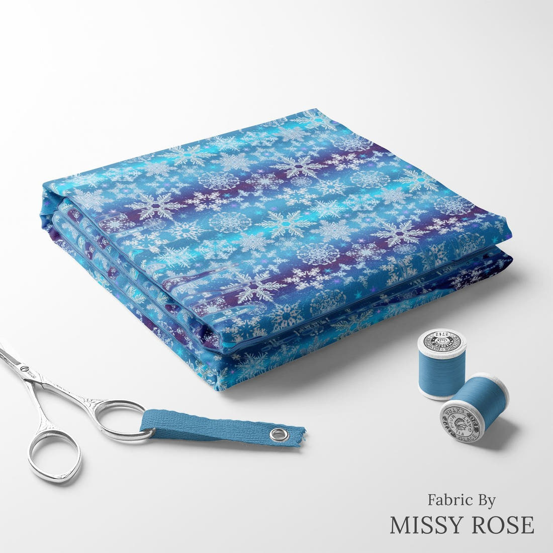 Design 75 Snowflake Fabric folded fabric stack with matching thread – pre-order fabric Australia | Fabric by Missy Rose
