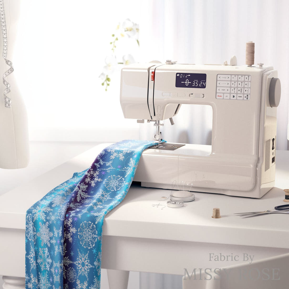 Design 75 Snowflake Fabric on a sewing machine – premium fabric for sewing projects | Fabric by Missy Rose
