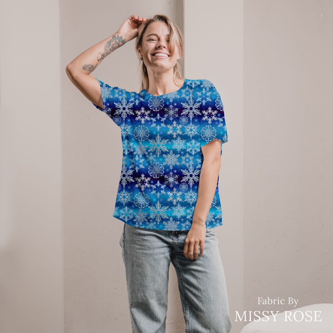 Design 75 Snowflake Fabric sewn into an all-over print shirt – see how the print looks made up | Fabric by Missy Rose