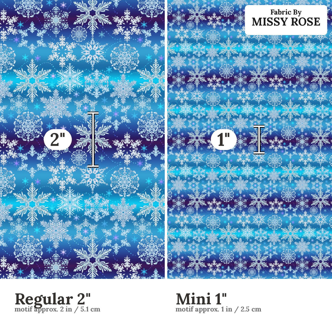 Design 75 Snowflake Fabric size comparison - print scale | Fabric by Missy Rose