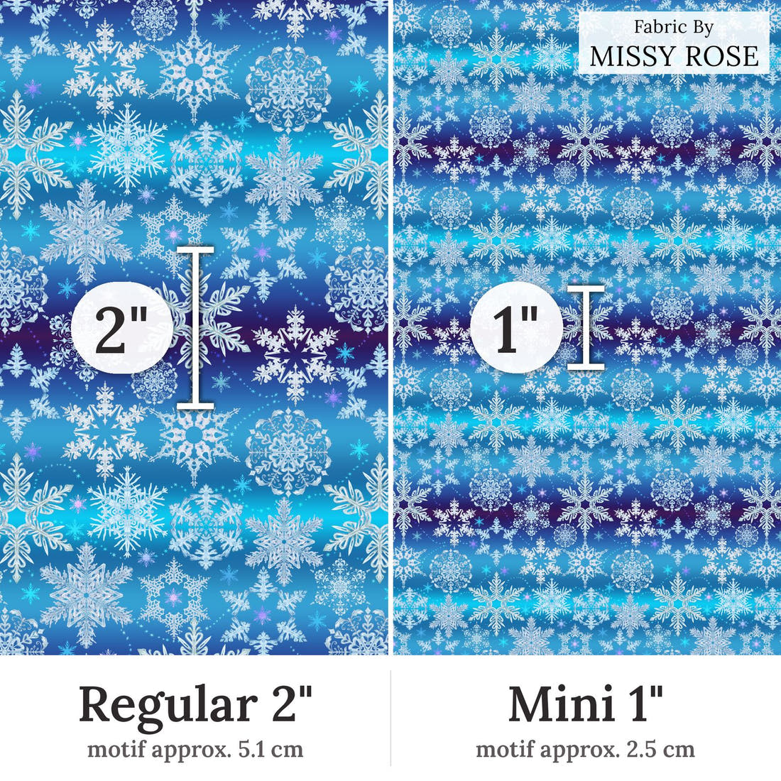 Design 75 Snowflake Fabric Regular 2 inch vs Mini 1 inch print scale side by side | Fabric by Missy Rose