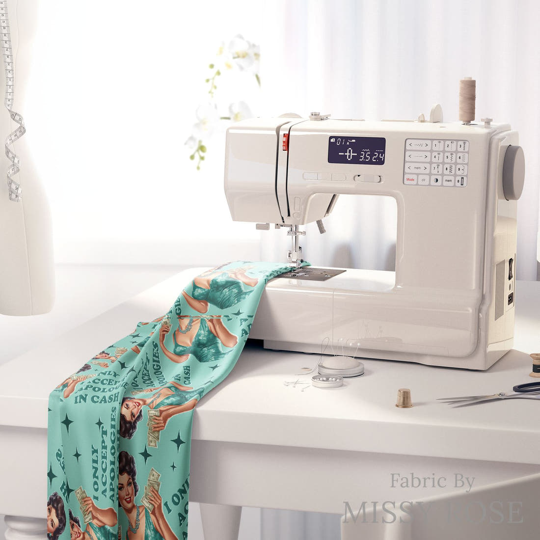 Design 76 Apologies Fabric on a sewing machine – premium fabric for sewing projects | Fabric by Missy Rose