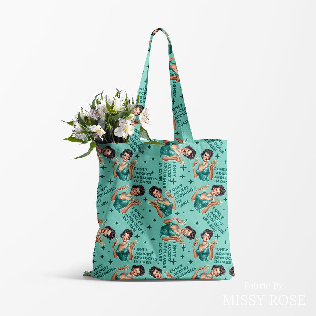 Design 76 Apologies Fabric made up as a tote bag – see how the print looks made up | Fabric by Missy Rose