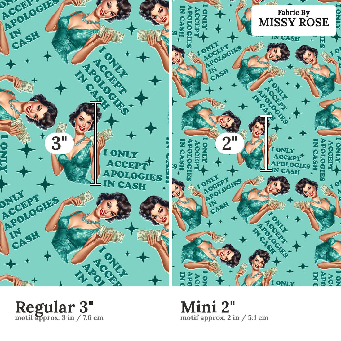 Design 76 Apologies Fabric size comparison - print scale | Fabric by Missy Rose