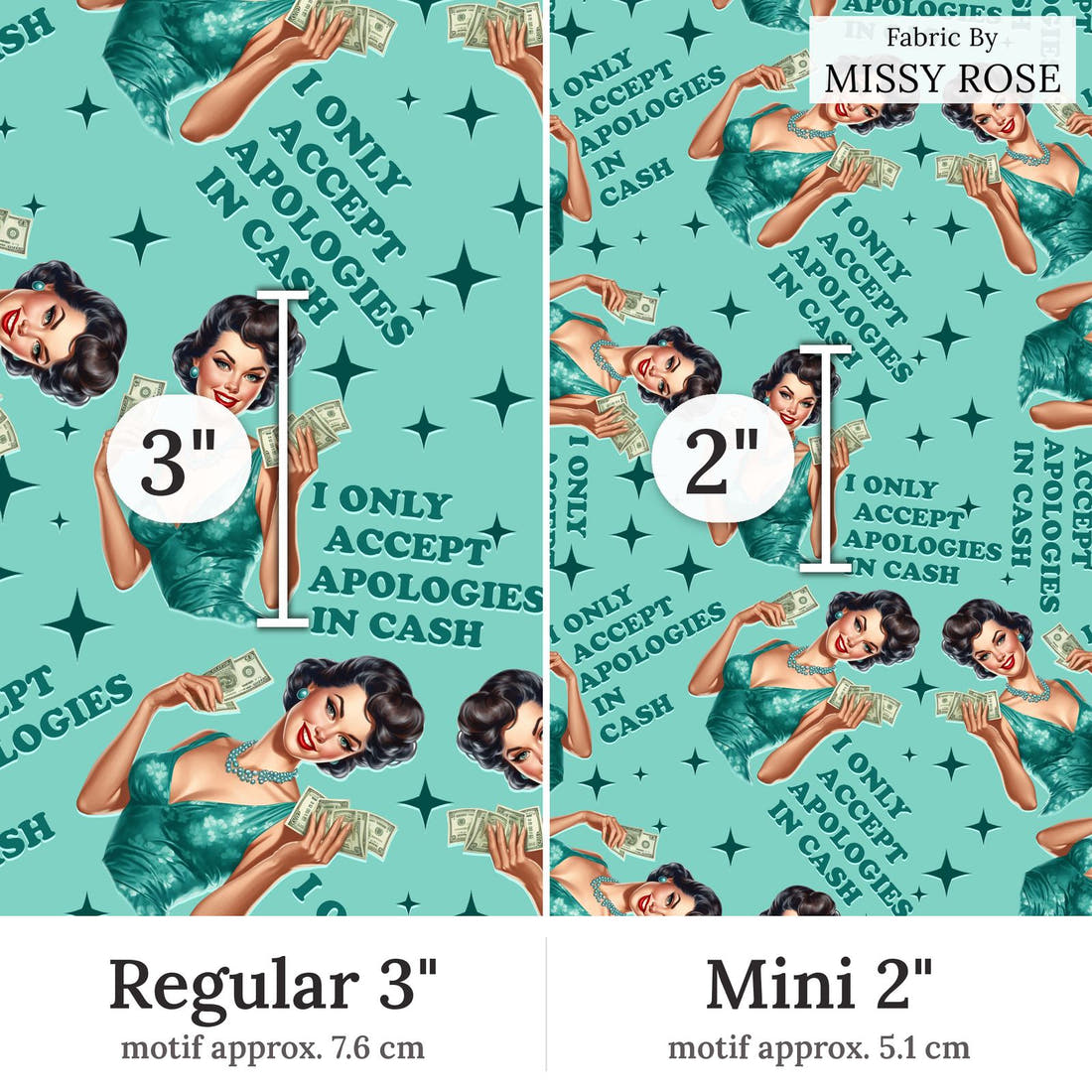 Design 76 Apologies Fabric Regular 3 inch vs Mini 2 inch print scale side by side | Fabric by Missy Rose