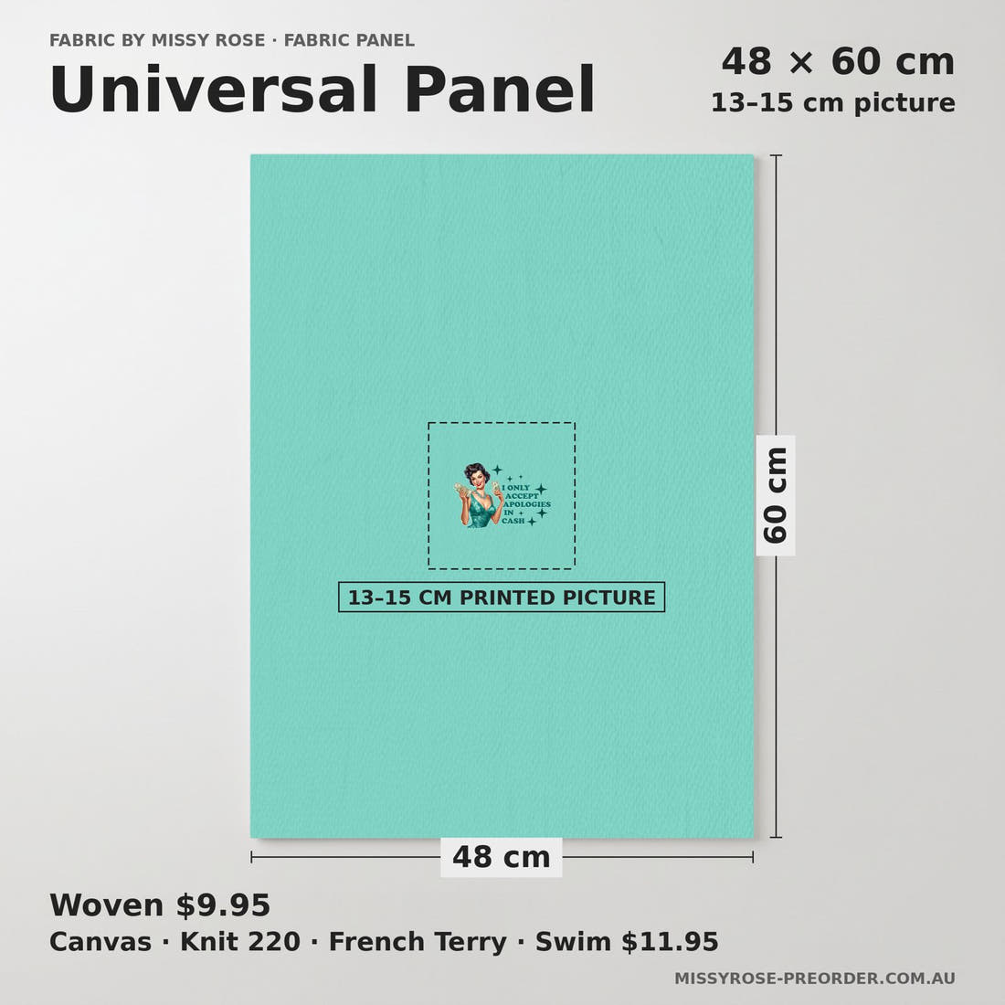 Design 76 Apologies Panel universal panel sizing – 13–15 cm printed picture on 48 × 60 cm fabric | Fabric by Missy Rose