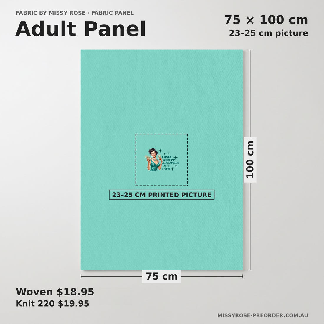 Design 76 Apologies Panel adult panel sizing – 23–25 cm printed picture on 75 × 100 cm fabric | Fabric by Missy Rose