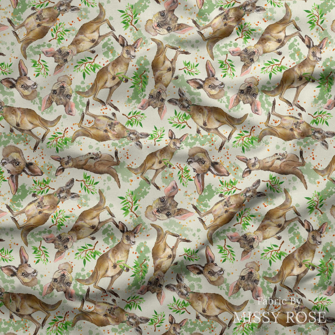 Design 77 Kangaroo Fabric draped fabric mockup – custom printed fabric by the metre | Fabric by Missy Rose