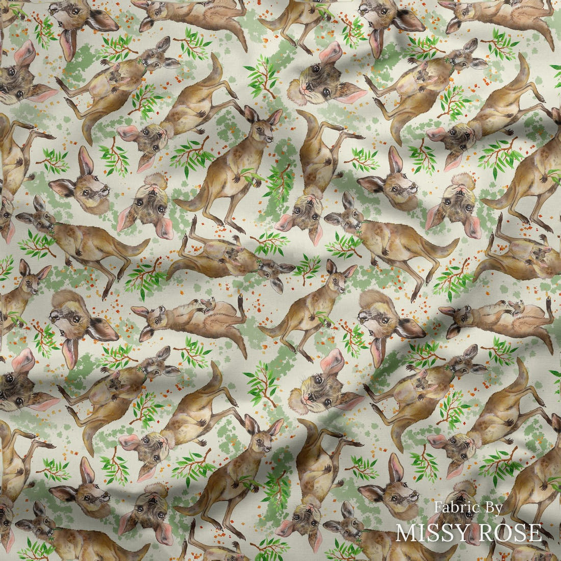 Design 77 Kangaroo Fabric draped fabric mockup – custom printed fabric by the metre | Fabric by Missy Rose