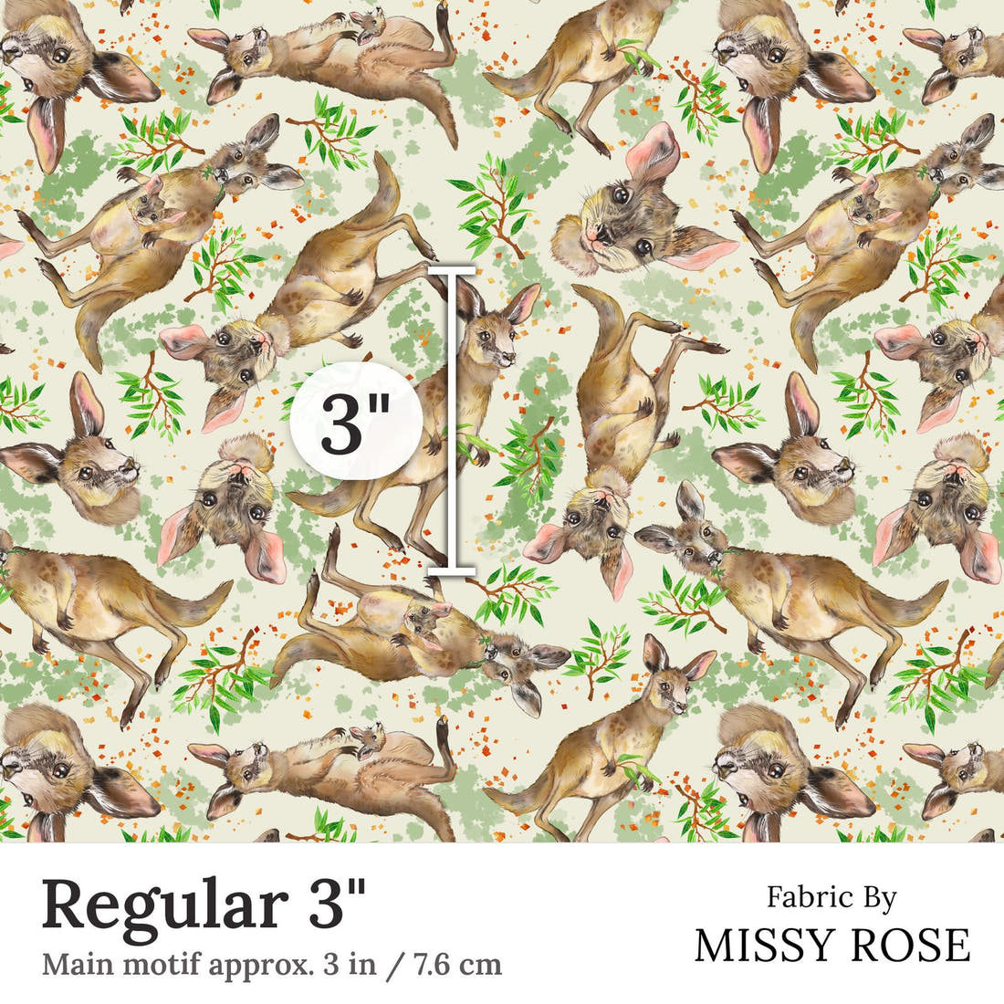 Design 77 Kangaroo Fabric Regular 3 inch print scale guide | Fabric by Missy Rose