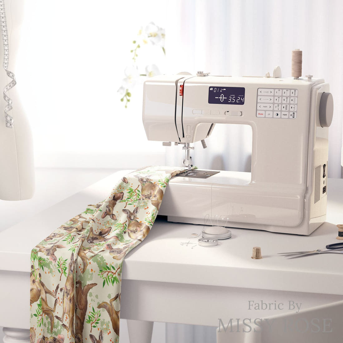 Design 77 Kangaroo Fabric on a sewing machine – premium fabric for sewing projects | Fabric by Missy Rose