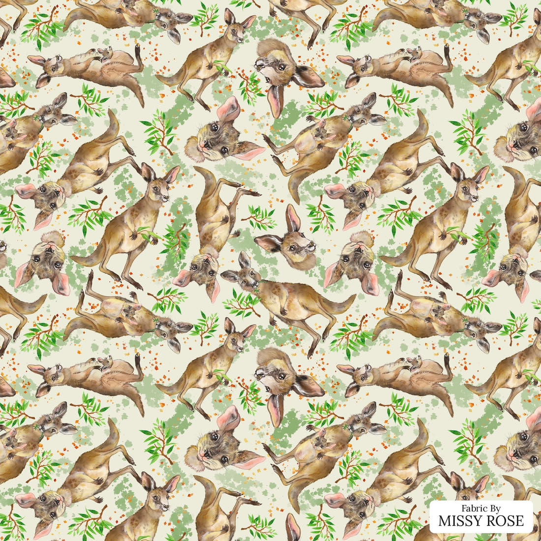 Design 77 Kangaroo Fabric - flat view of the print, zoom in for detail | Fabric by Missy Rose