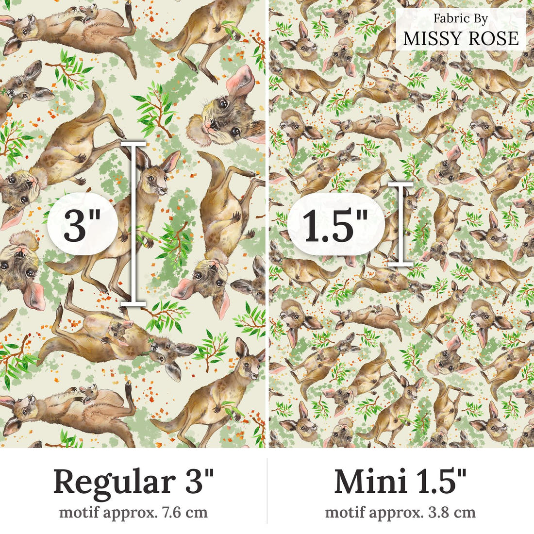Design 77 Kangaroo Fabric Regular 3 inch vs Mini 1.5 inch print scale side by side | Fabric by Missy Rose