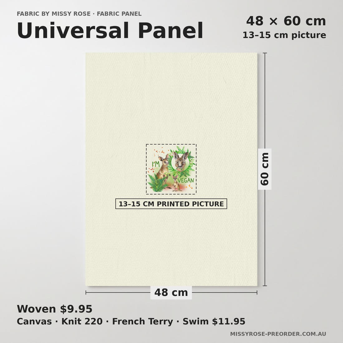 Design 77 Kangaroo Panel universal panel sizing – 13–15 cm printed picture on 48 × 60 cm fabric | Fabric by Missy Rose