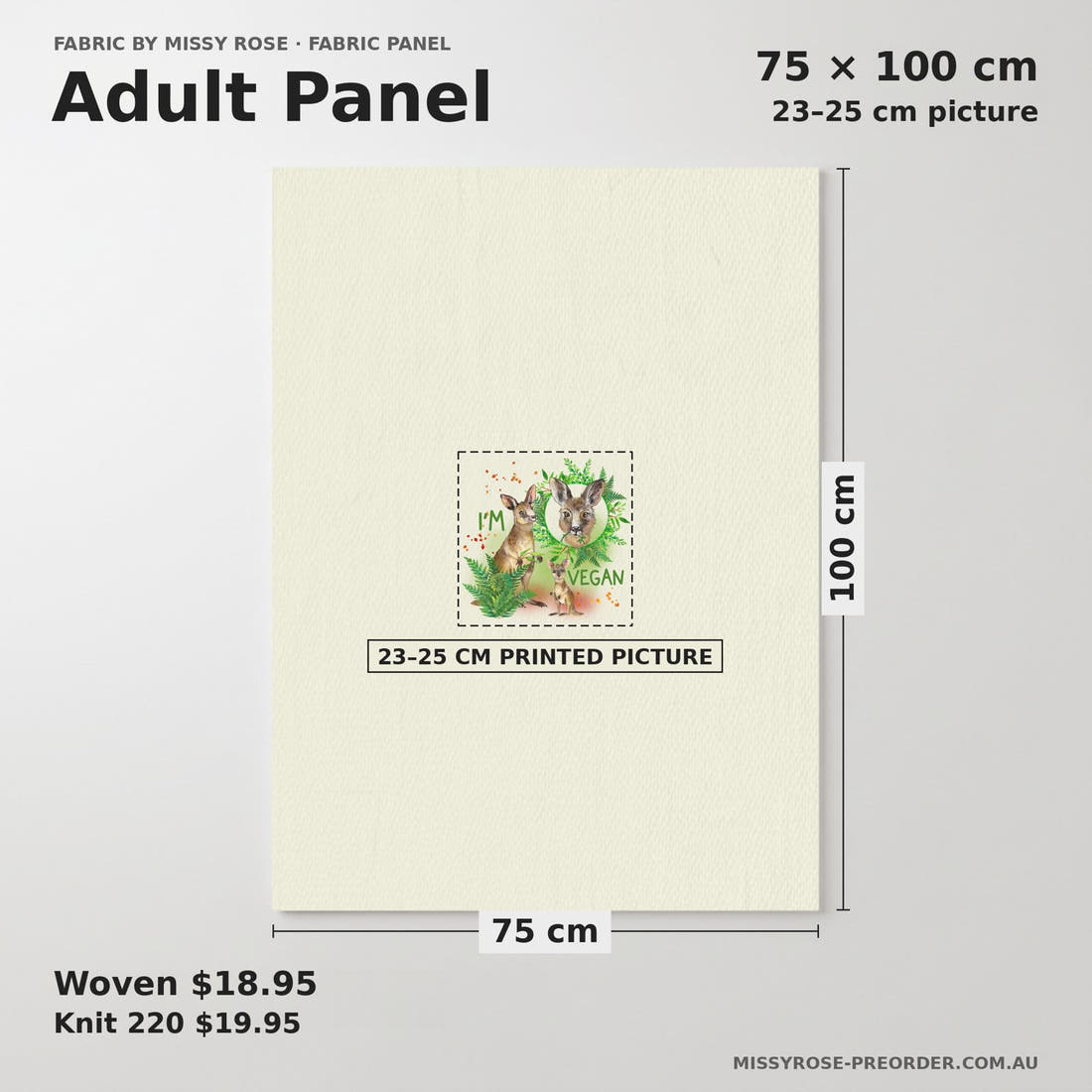 Design 77 Kangaroo Panel adult panel sizing – 23–25 cm printed picture on 75 × 100 cm fabric | Fabric by Missy Rose