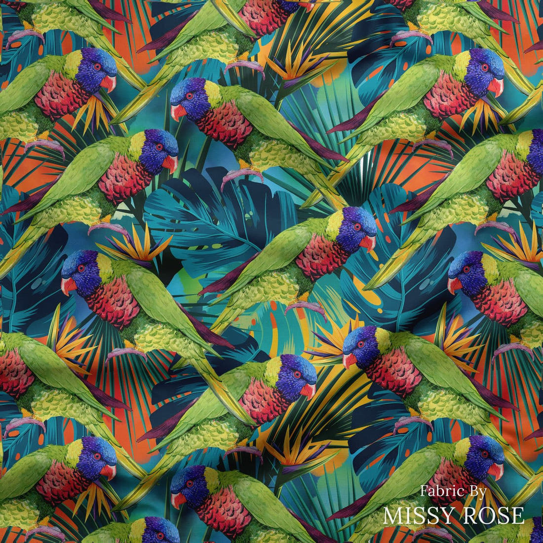 Design 78 Lorikeet Fabric draped fabric mockup – custom printed fabric by the metre | Fabric by Missy Rose