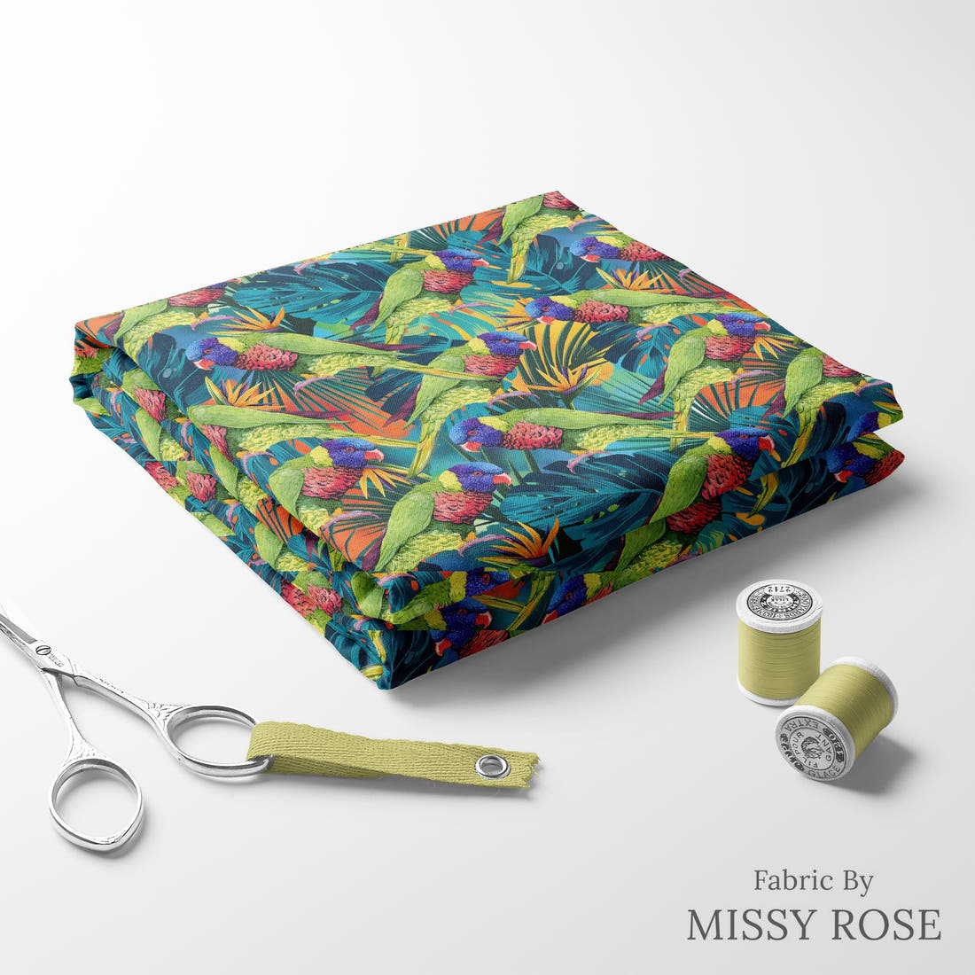 Design 78 Lorikeet Fabric folded fabric stack with matching thread – pre-order fabric Australia | Fabric by Missy Rose